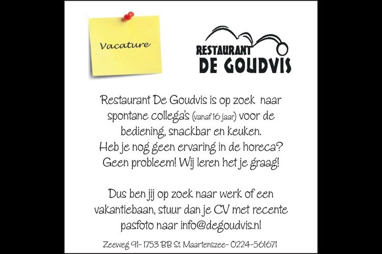 Restaurant De Goudvis is op zoek  naar spontane collega’s